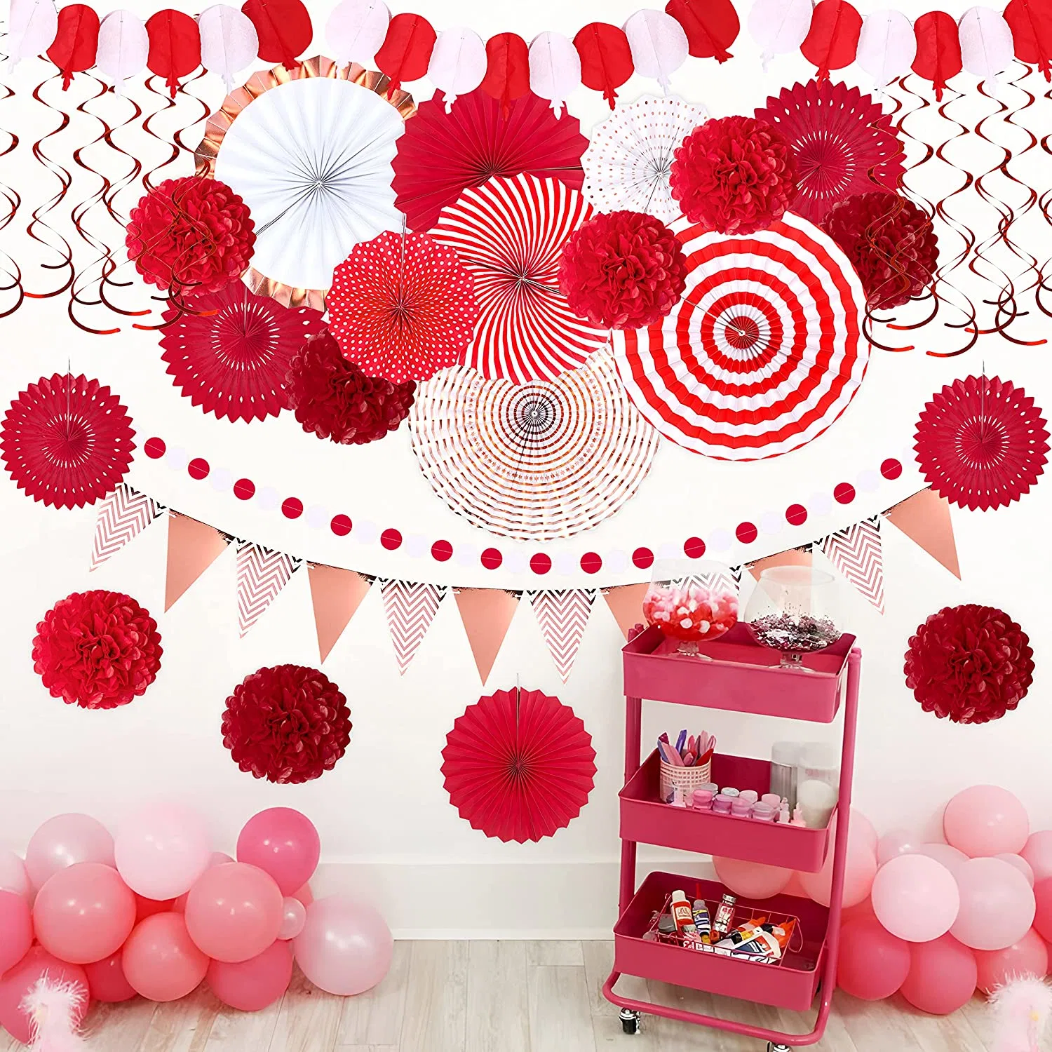 35PCS Party Decorations Paper Fan Hanging Set - Birthday, Wedding, Baby Shower, Circus, Festival, Valentine&prime; S Day, New Year Decoration Supply (Red)