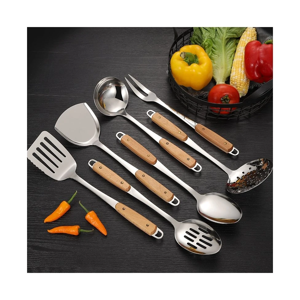 7pcs Edelstahl Utensilien Rutschfrei hitzebeständig Küchenzubehör Kochen Werkzeug mit Holzgriff