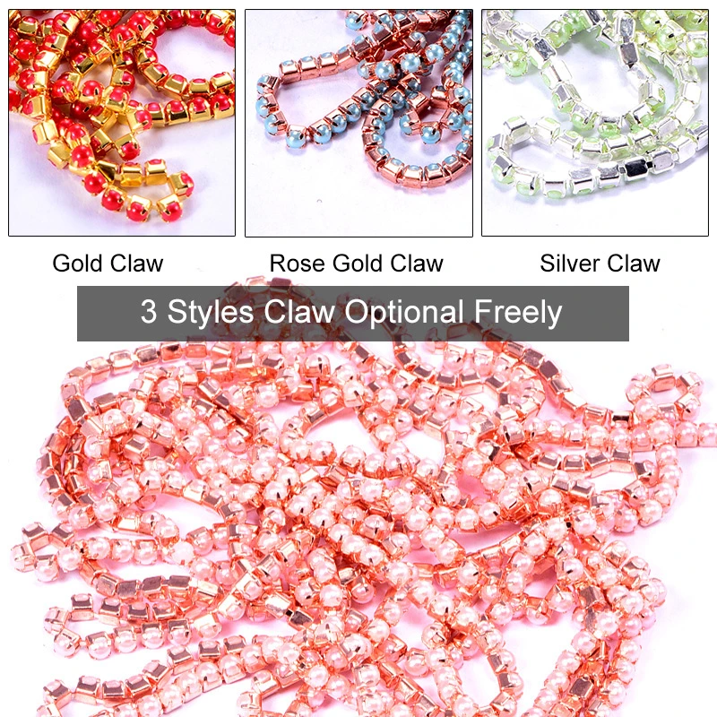 Ss8 Pearls Rhinestones Chain Colorful Round ABS Pearls Chain Gold Base Cup Beauty Accessories for DIY Garments