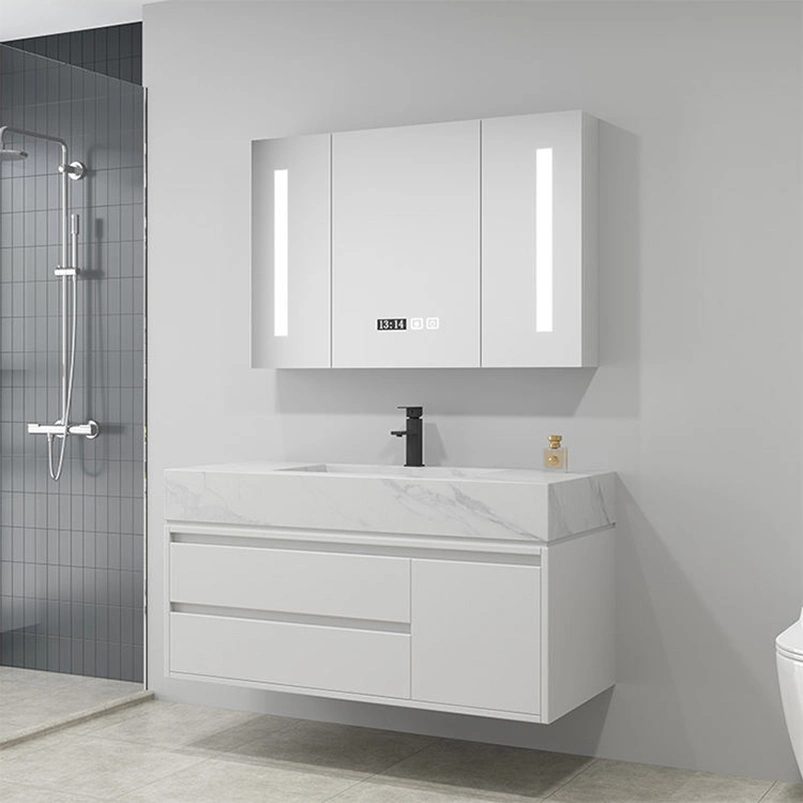 Modern Minimalist White Wall-Mounted Bathroom Storage Vanity Cabinet Set with Sink Basin