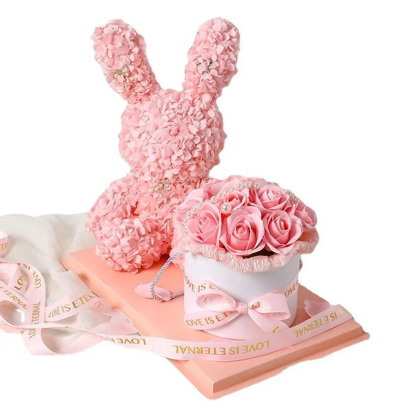 Rose Bear Rabbit New Arrivals Flor de sabão de oferta dia da Mãe Flor artificial Rosa em caixa para dia Valentines decoração presente