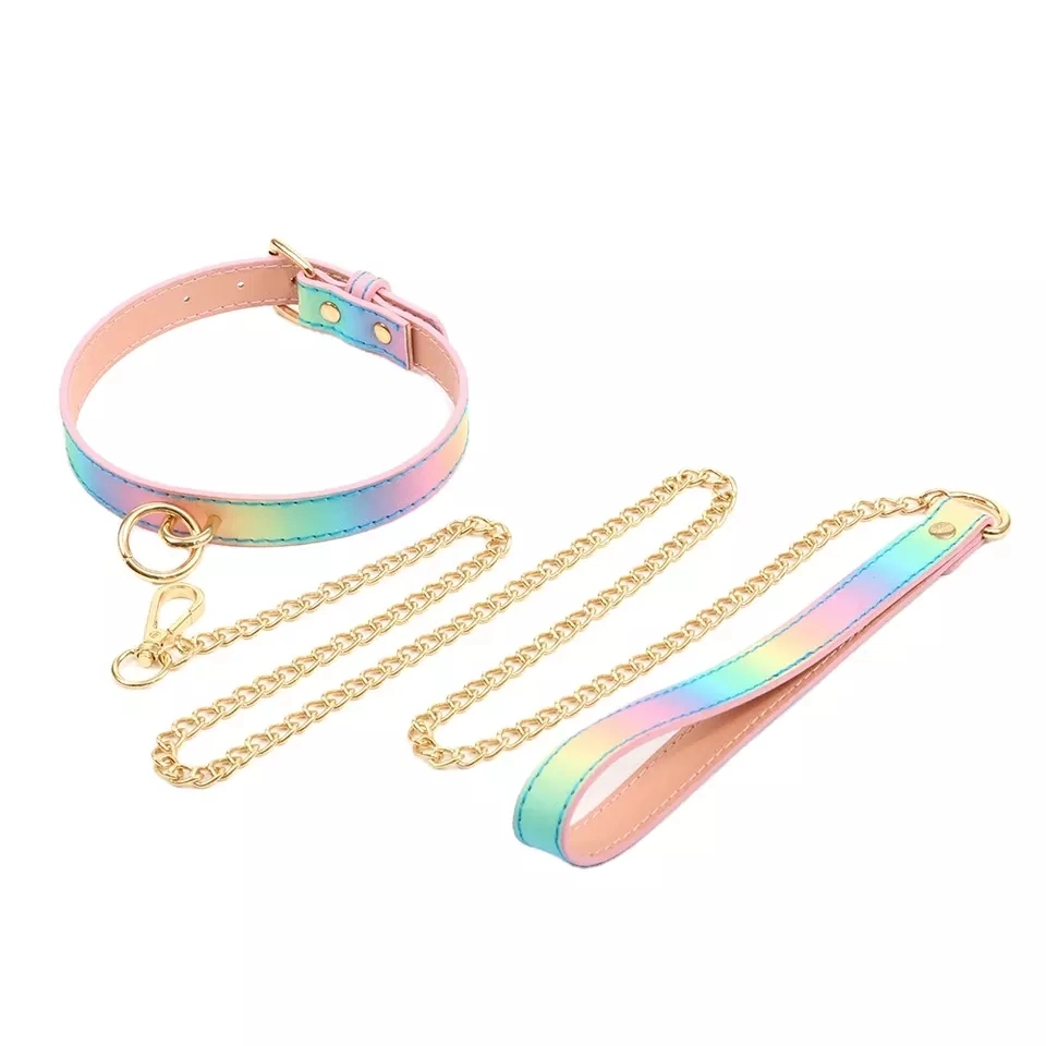 Bdsm Rainbow Leather Bondage Sex Collar Traction Rope Chain Leash Adult Game Dog Chain Punish Neck Collar