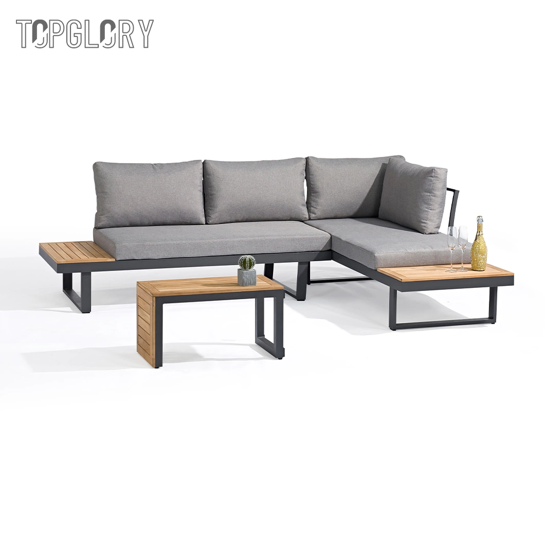 Outdoor Home Hotel Furniture Aluminium Frame Wooden Free Sectional Lounge Corner Sofa Set