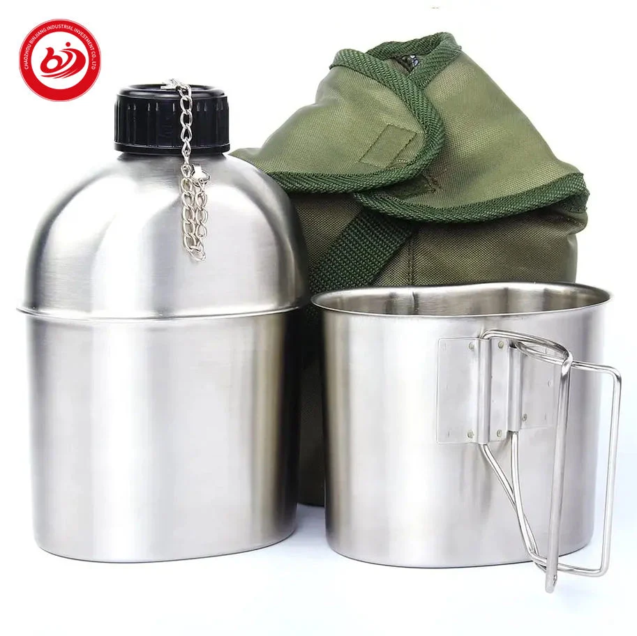 Outdoor Camping Travel Accessories Cup Stainless Steel Canteen Kit Canteen 1L with 0.6L Cup and Green Cotton Cover