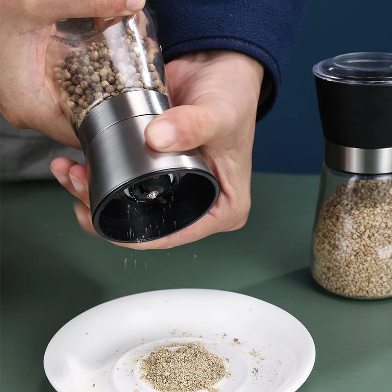 Aço inoxidável vidro vaso de moagem de sal do mar preto e Pimenta Branca gire manualmente o vaso de tempero para uso doméstico