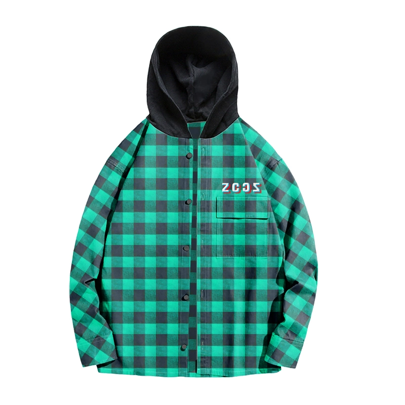 Custom Snap Silk Screen Print Logo Cotton Loose Fit Woven Hooded Flannel Shirt