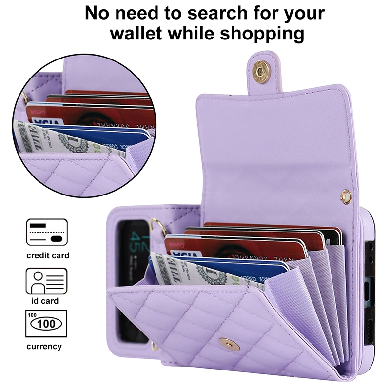 Ea319 Z Flip 4 funda cosmética plegable Soporte de tarjeta PU Morado Blanco Verde funda de teléfono con correa cartera de cuerpo cruzado Estuches de cuero