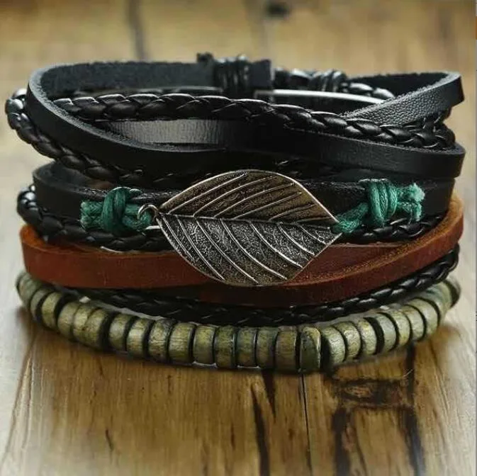 4PCS/ Set Braided Wrap Leather Bracelets for Men Vintage Life Tree Rudder Charm Wood Beads Ethnic Tribal Wristbands