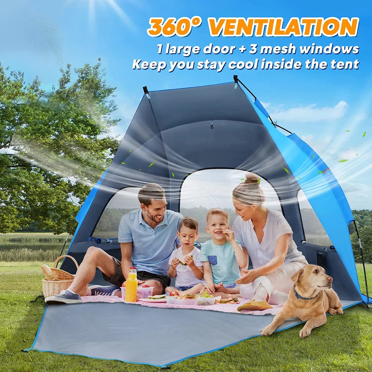 Playa Tent Sun Shade Shelter 3-4 personas Gran Anti-UV a prueba de viento Carpa ligera portátil