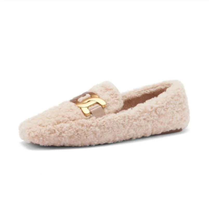 Warm Beige Wool Female Shoe Metal Chain Fake Lamb Fur Flat Winter Women Loafer