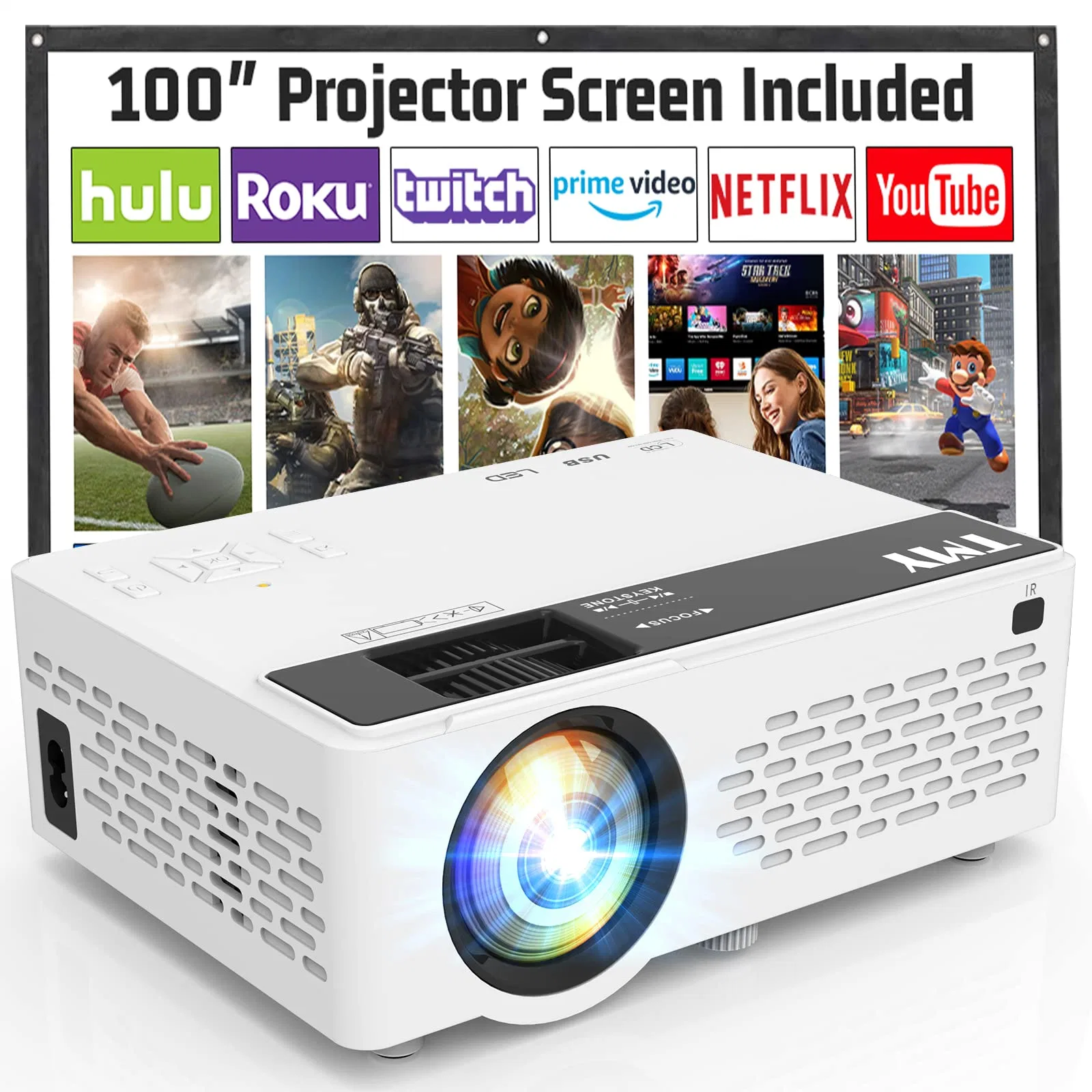 Projecteur TMY, 9500 lumens avec écran de projecteur 100 pouces, projecteur portable FULL HD 1080P, mini projecteur de film compatible avec TV Stick smartphone HDMI
