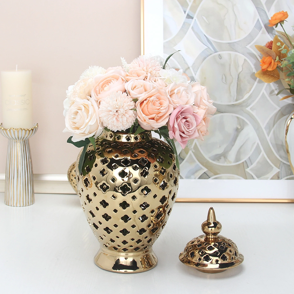 J126g Nordic Ceramic Dry Flower Arrangement Porcelain Hollow out Vase Gold Ginger Jar Luxury Home Decor