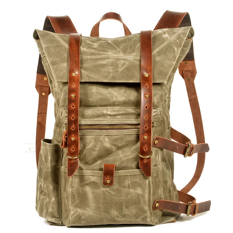 Fashion Trend Portable Unisex Canvas Stitching Bag Backpack Vintage Handmade Genuine Leather Outdoor Hiking Backpack Rucksack