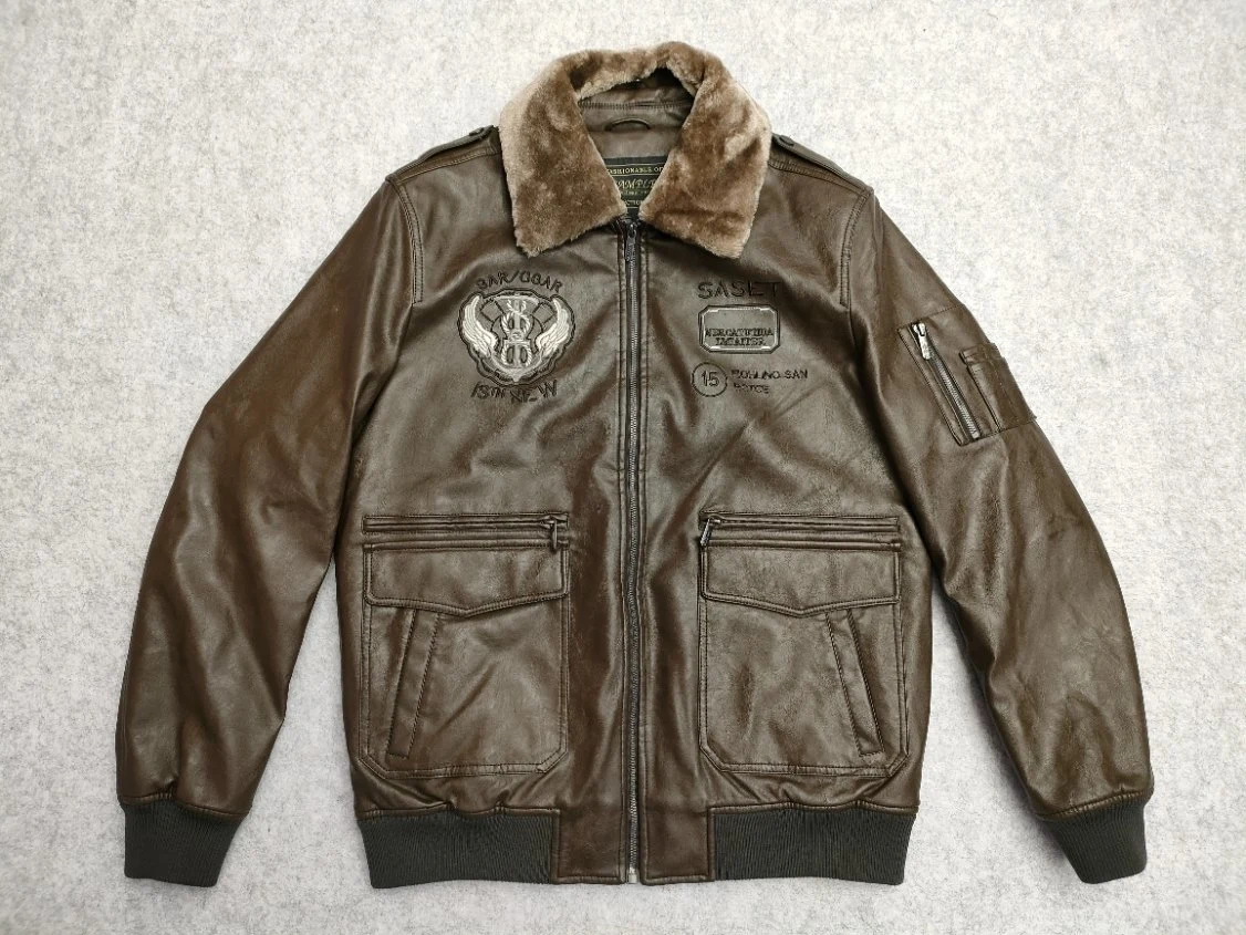 Men's Air Force Embroidery PU Leather Bomber Jacket with Fur Collar