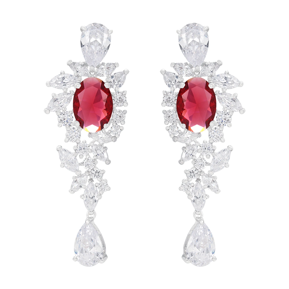 Fashion Jewelry Nail Setting Ruby Glass Flower Drop Earrings for Women 925 Sterling Silver Earrings Bride Engagement Wedding Diamond Earrings