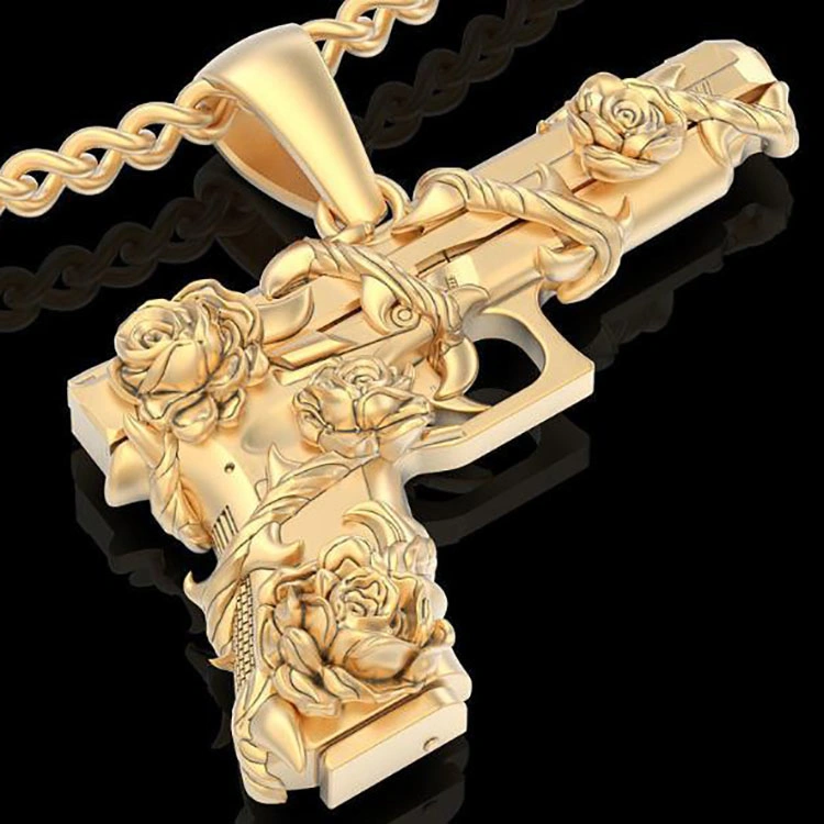 DiamondX 18k Gold Gunsmith Delicate Rose Pistol Pendant Chain Hiphop Man Gifts Pendant Chain