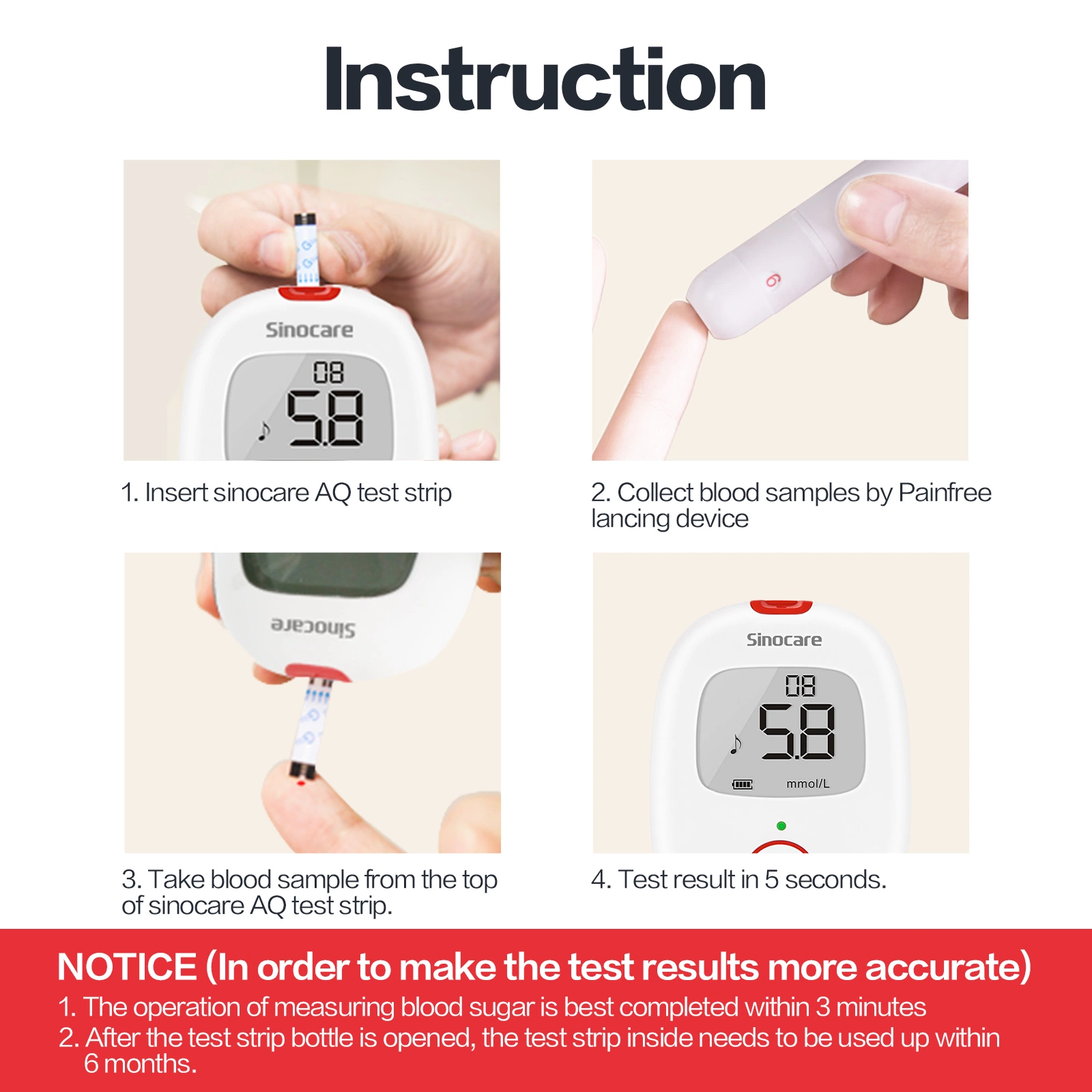 Sinocare Active Blood Glucose Glucometer Kit with Vial of 25 Strips, 25 Lancets, and a Lancing Device Free