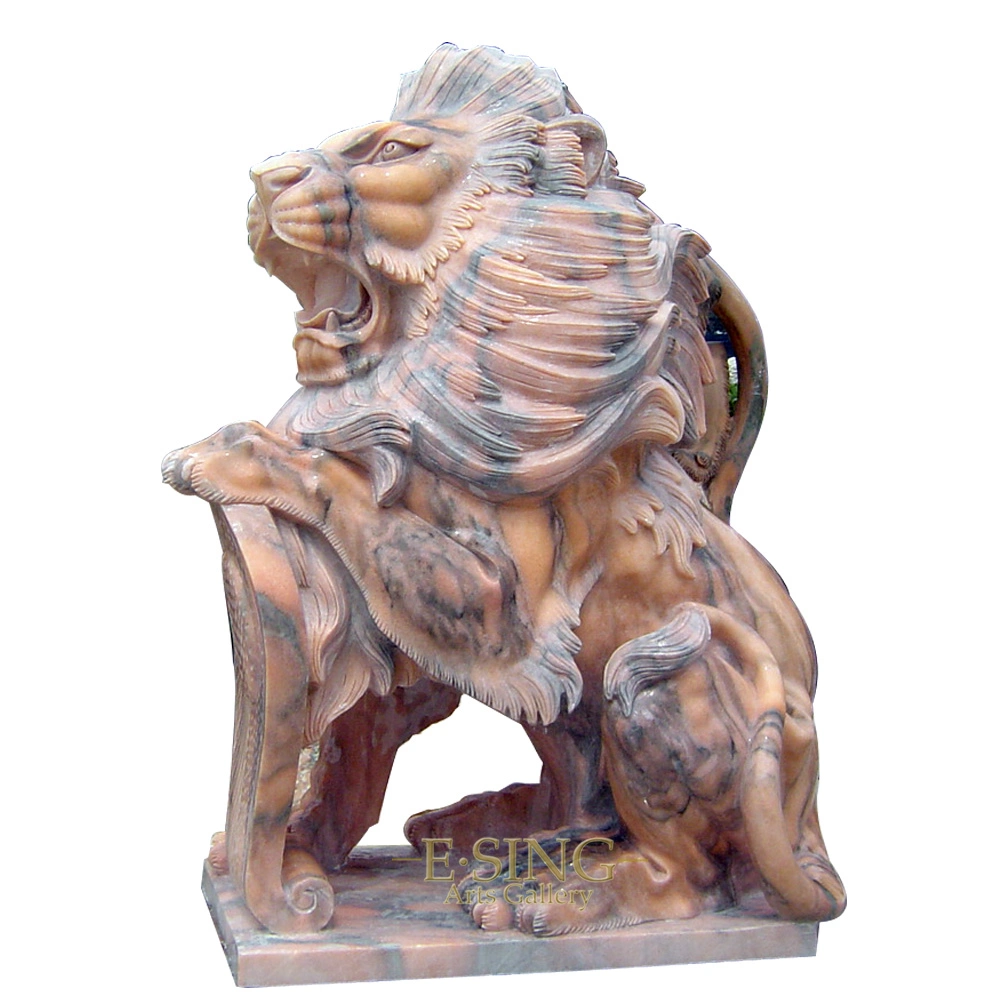 New Products Garden Decorative Hand Carved Marble Lion with Cap and Shield