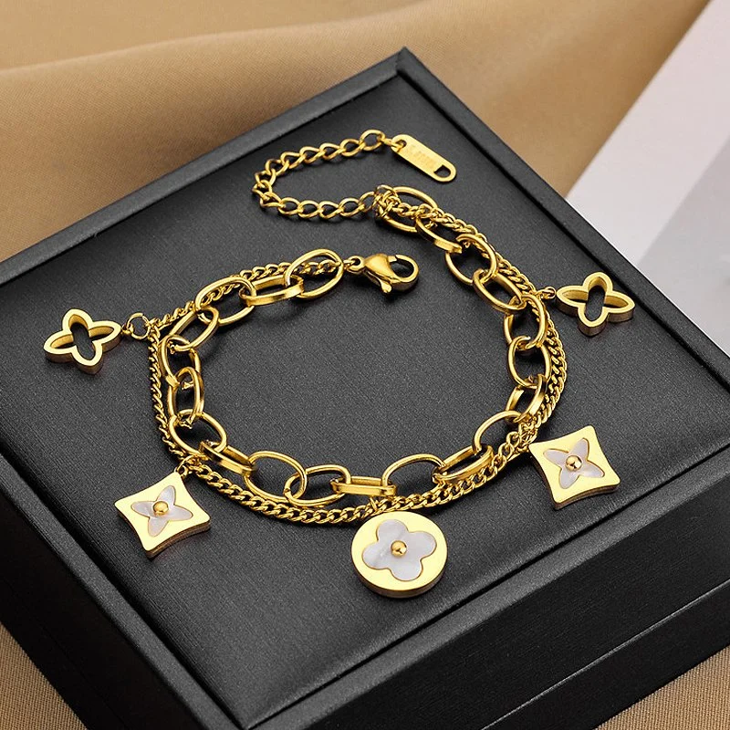 Korean Version Ins Charm Bracelet with Four-Leaf Clover Fashion Titanium Steel Bangle