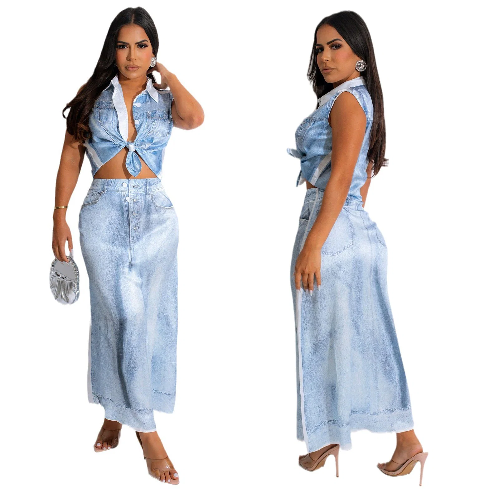 L2897 Denim Digital Printing Sleeveless Buttons Shirt Collar Long Skirt Set