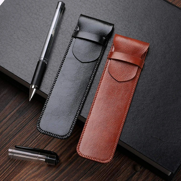 Custom Cowhide Leather Pen Holder Case Stationery Business Gift Pencil Bags