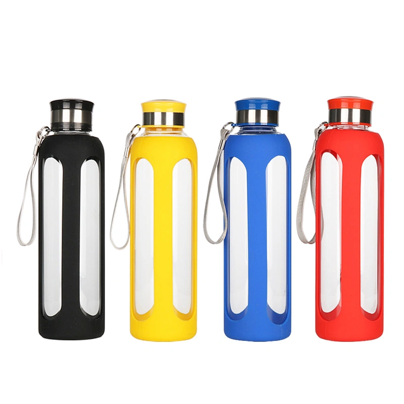 Sports Glass Water Bottle Silicone Holder Stainless Steel Lid