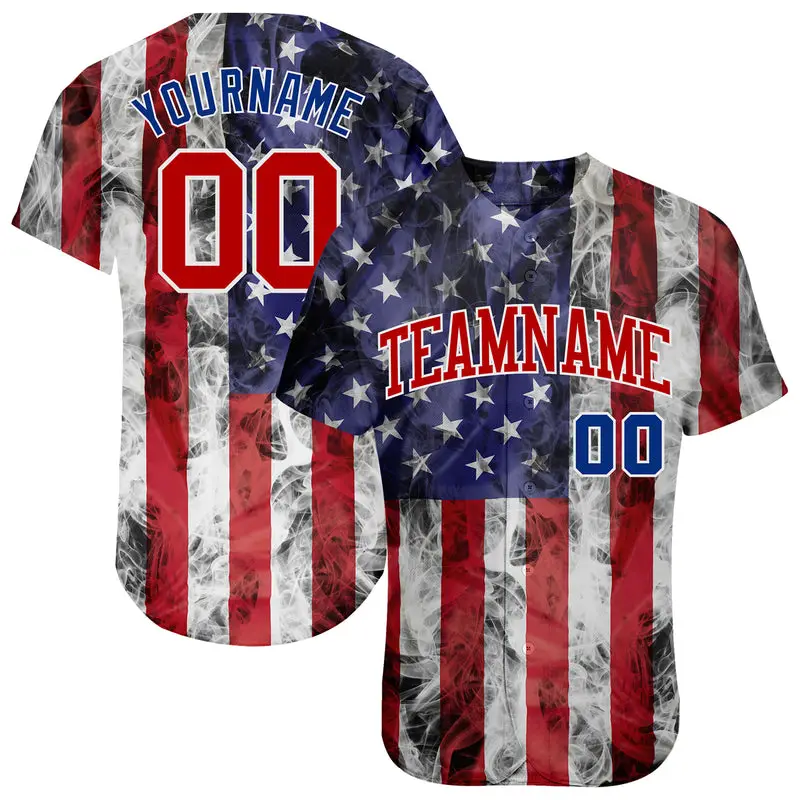 Factory Top Supplier Custom Teamwear White Red-Royal 3D American Flag Fashion Authentic Baseball Jersey Breathable Short Sleeve Soccer Shirts Tops