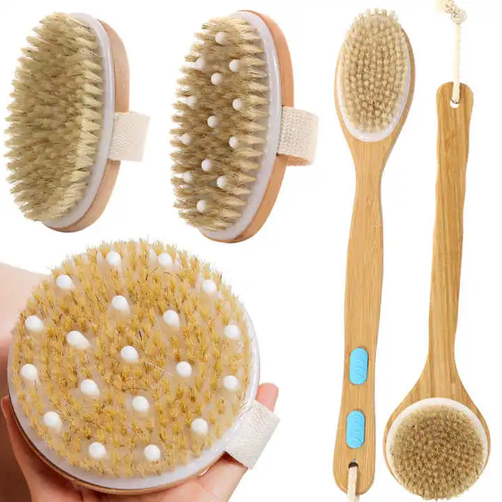 Soft Natural Bristle Exfoliating Bath Brush Bamboo Wooden