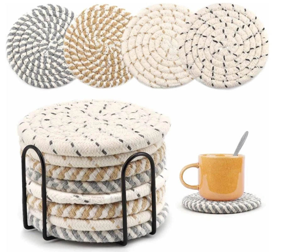 Absorbent Woven Cup Coaster Set with Holder