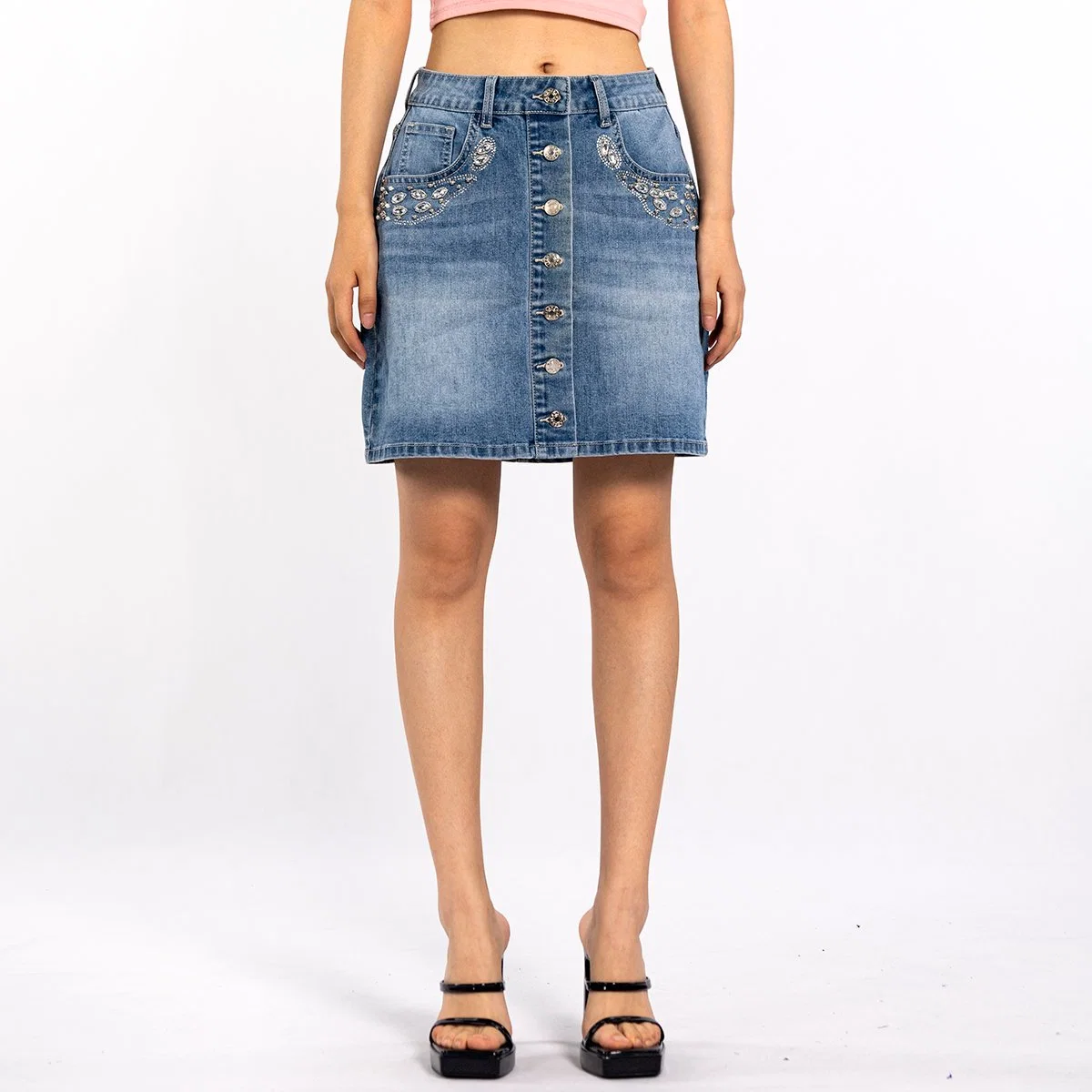 Blue Washed Rhinestone Design Button Down Fashion Denim Summer Skirt Women