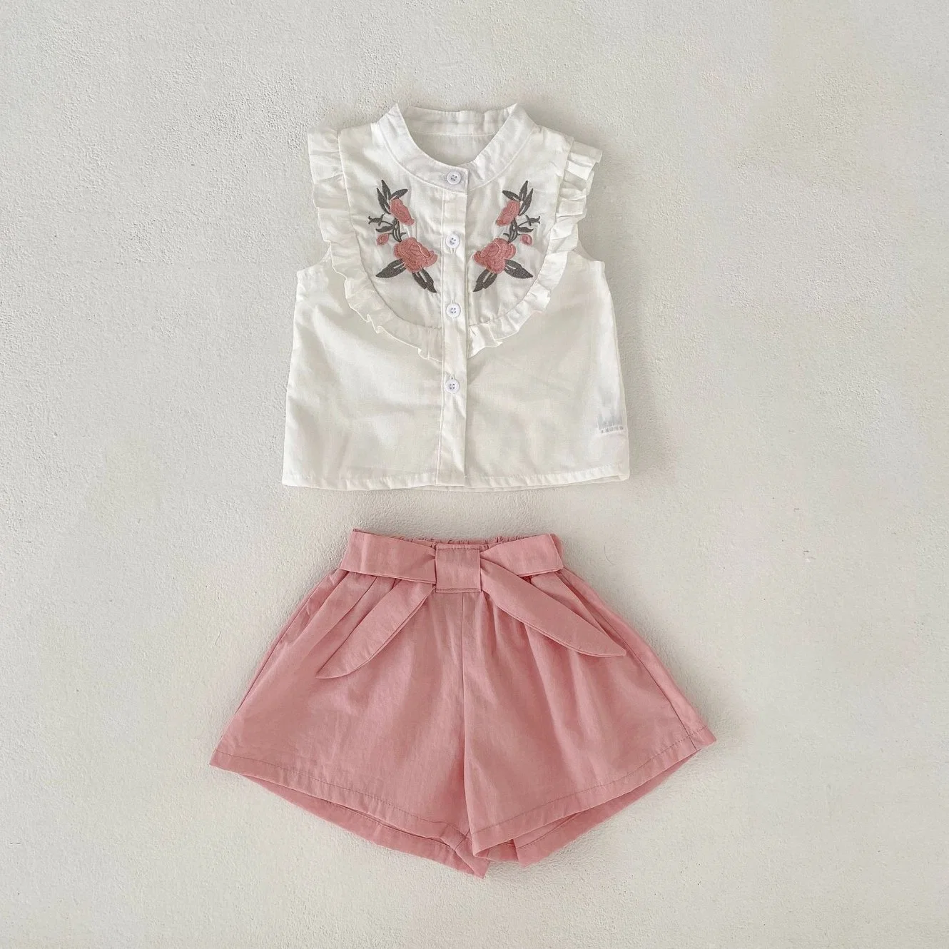 2023 Summer Models Infant Children Baby Girl Suit Embroidered Collar Sleeveless Top + Wide-Legged Short Trousers Two-Piece Set