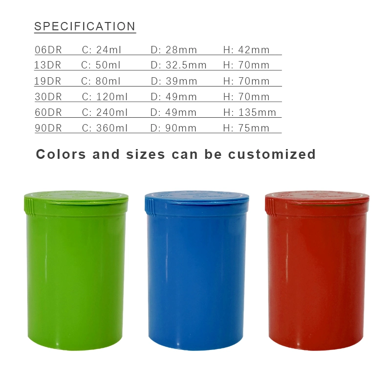 Chinese Directly Supply Colorful Pharmaceutical Reversible Cap 19 DRAM Size Pop Top Containers Bottles Plastic Pill Vial