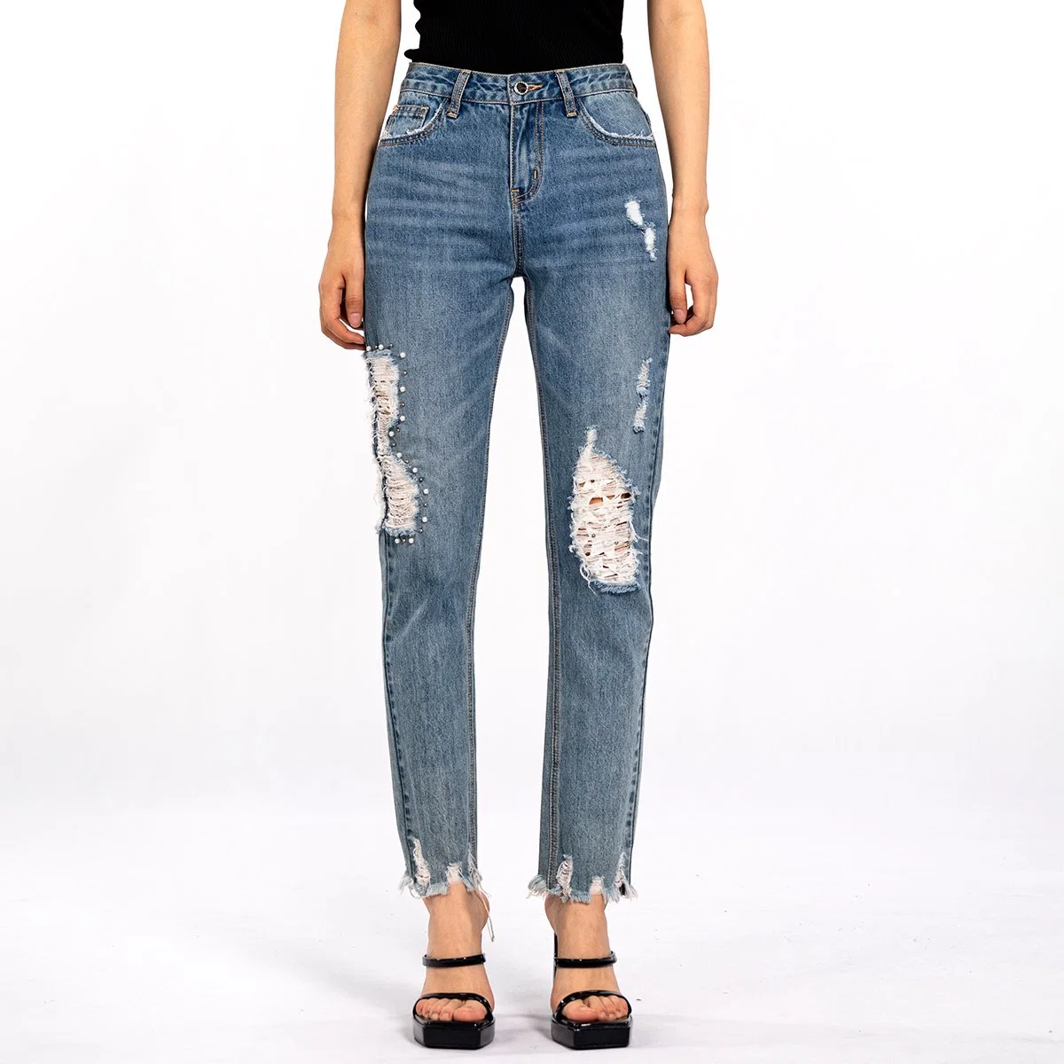 Diseño Moda rasgada Pearl envejecida Distressed Jeans para mujer