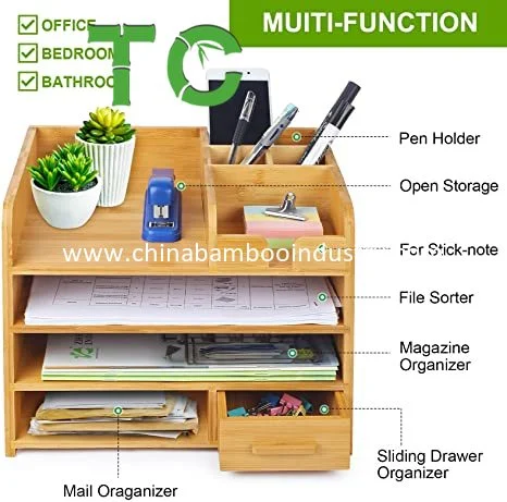 Factory Price 4-Tierbamboo Desktop Organizer Office Desk File Organizer with Drawer Desktop Sorter