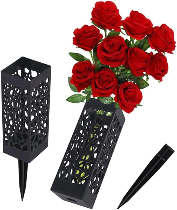 Artificial Flower Vase for Grave Decorations 4 Headstones Fake Floral Holder with Spikes Outdoor Tombstone Markers Memorials