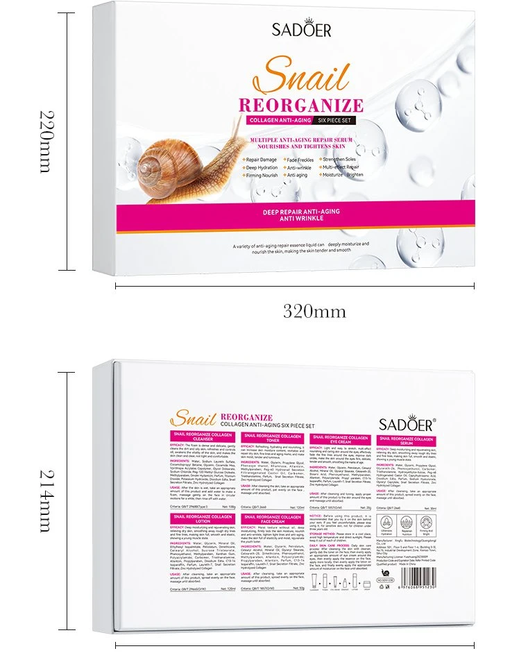 Comercio al por mayor de larga duración de alta calidad de la piel estimulando la reparación Anti Wrinkle Caracol hidratante Skin Care Set