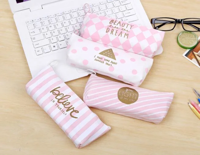 Pink Stripe Pencil Bag Trapezoid Large Capacity Stationery Bag Pencil Box Small Items Storage Bag