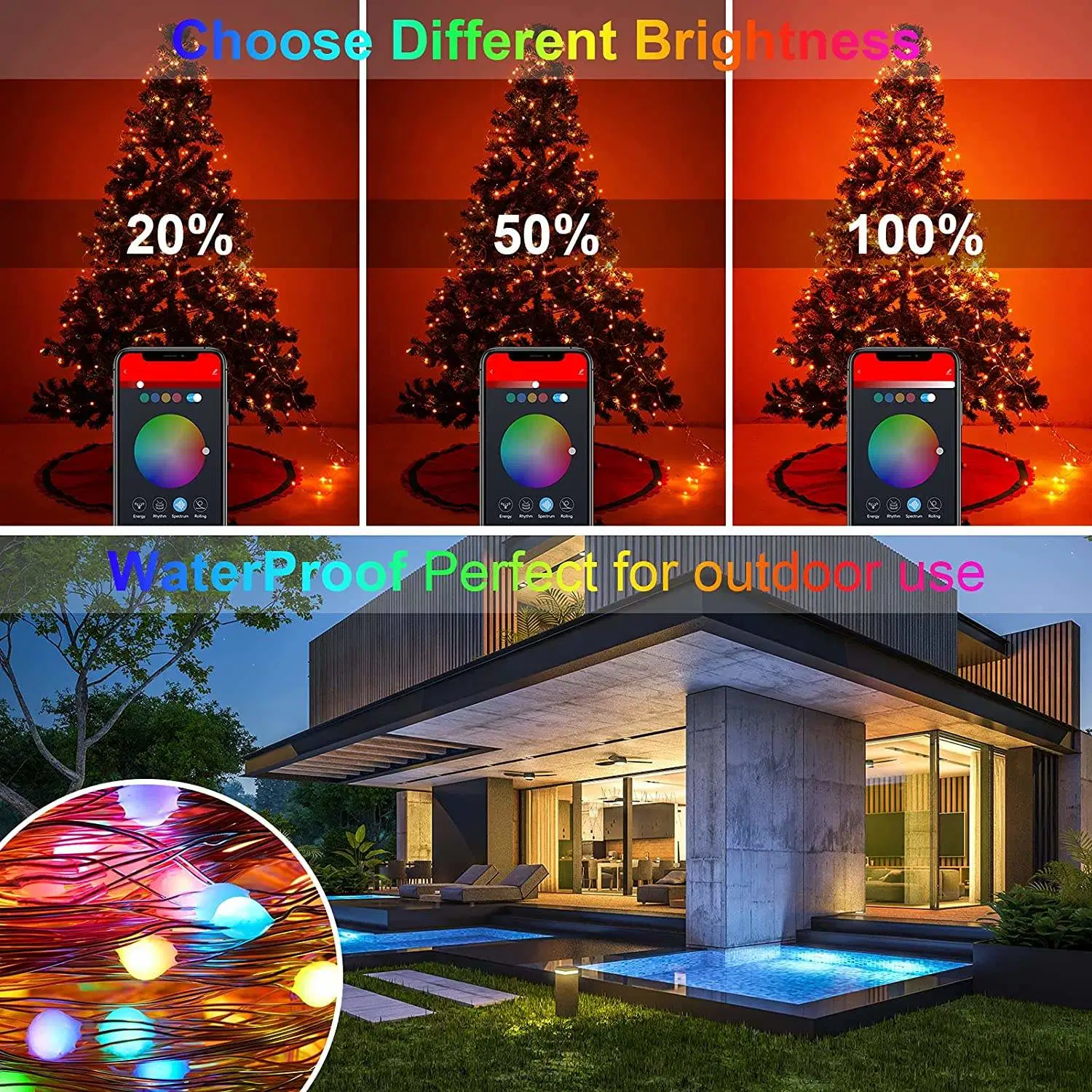 Multicolor RGB Copper Lights SMART APP Control Christmas LED String Luz para decoración de árbol al aire libre