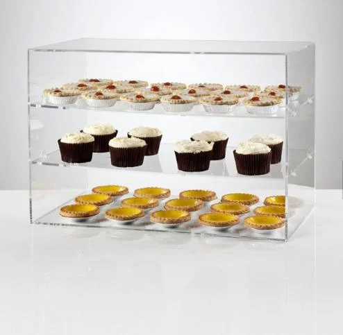 Mejor vendedor Perspex grabado claro irregular Personalizar Acrílico Pastelería Display Case con puertas delanteras, opción 4 Bandeja Bakery Display Case 4 caras Display Stand