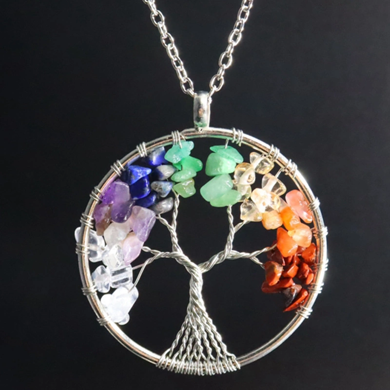 Natural Smooth Gemstone Seven Chakras Chips Tree of Life Healing Color Handmade Gravel Pendant