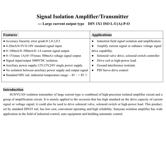 High Current Isolation Analog Signal Amplifier DIN1X1 ISO L-U1-P1-O5