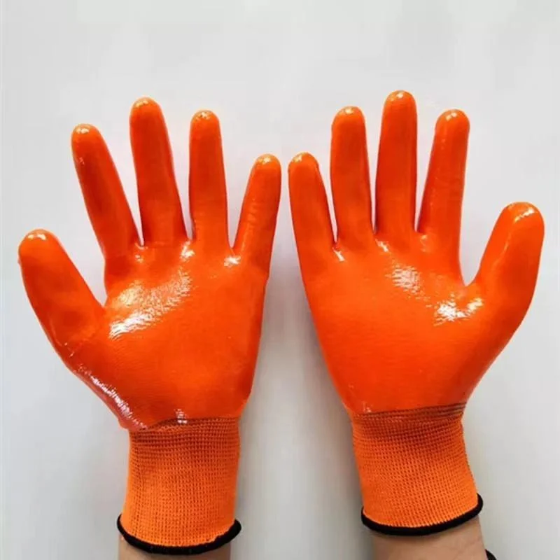 Breathable Orange Nylon Coated Full PVC Waterproof Protect Hands Construction Latex Gloves