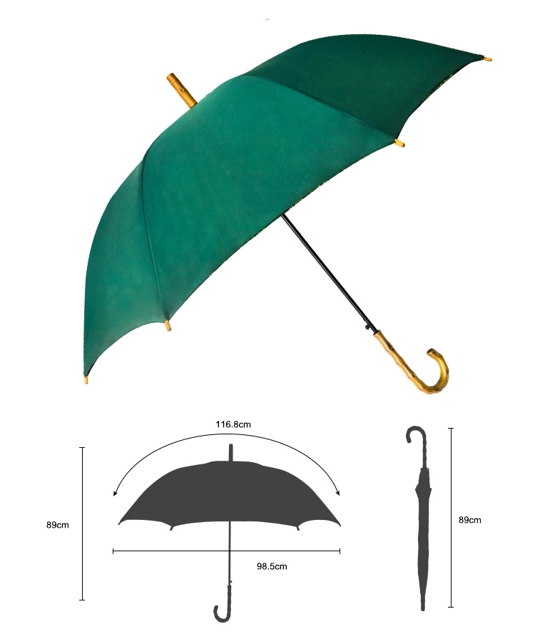 Double Layer Bambus Regenschirm Wärmeübertragung Druck Stoff Werbung Gerade Regenschirm mit gebogenem Bambusgriff