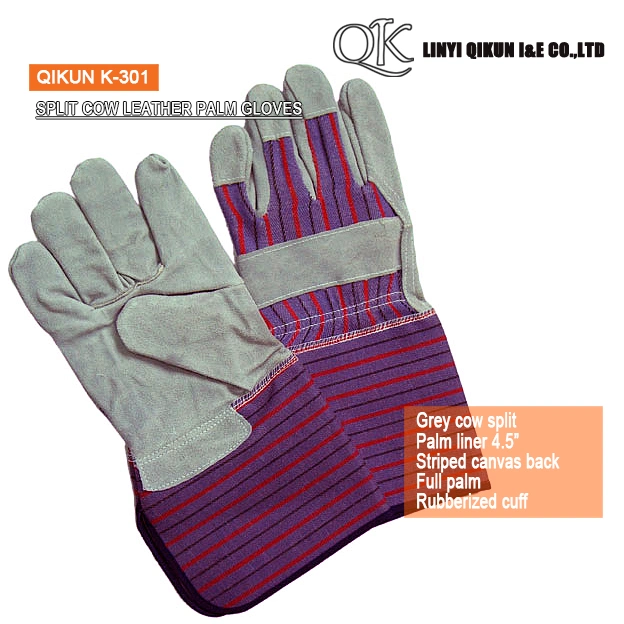 K-37 Gris Split Cow Palma completa Liner pegado Cuff Canvas Guantes de seguridad de cuero para trabajar