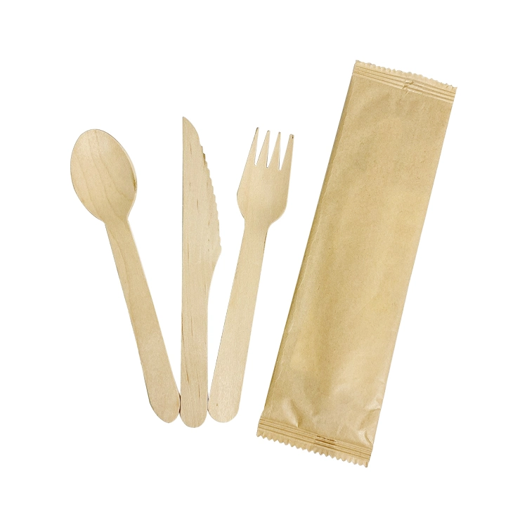 Disposable Wooden Cutlery Set Spoon Fork Knife Napkin 160mm