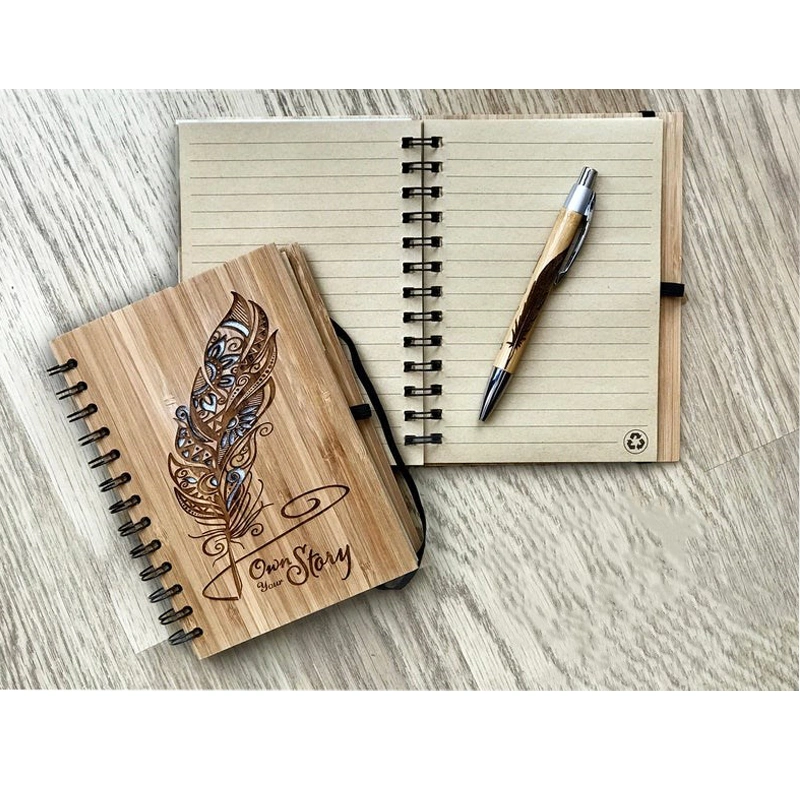 Gravado a Laser Feather Notebook de bambu Exercício personalizado Reserve Eco-Friendly Papelaria