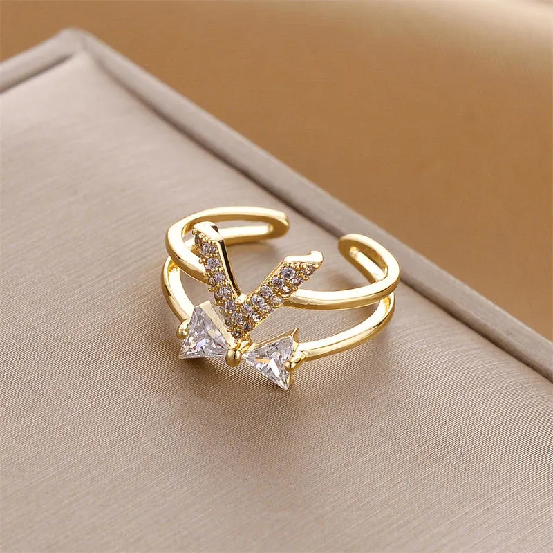 Korean Pearl Multi-Layer Ring Geometric Crown Four Leaf Clover Ring