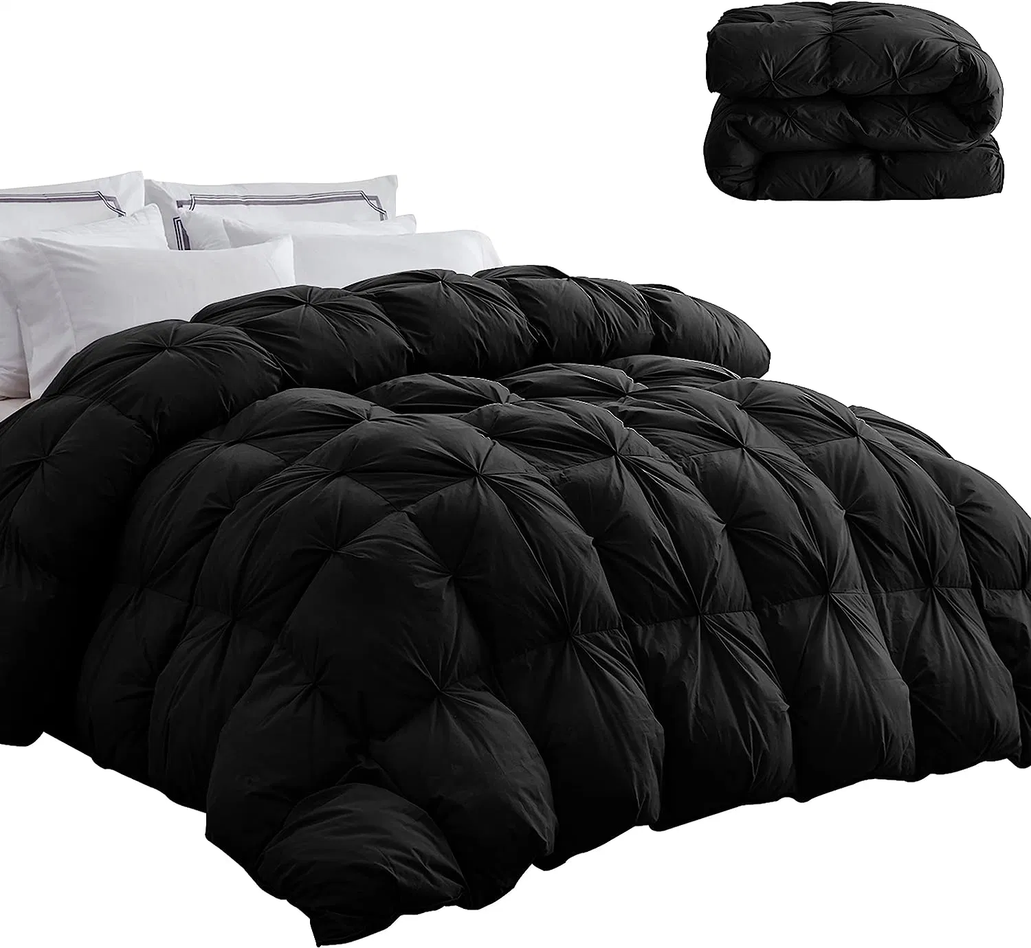 Édredon toutes saisons 75 % duvet, grand lit, couette moelleuse avec 8 coins, tissu mélangé en coton résistant (noir, 98 po x 98 po)