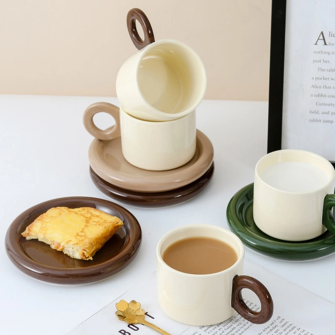 Custom Log Ceramic Coffee Cup Saucer Set Solid Color Coffee Cup European Style Color Coffee Cup Set