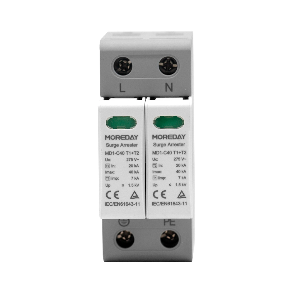 Conexión L-N/PE de alta calidad clase I+II, B+C, T1+ T2 Iimp 2pole/2p 40kA 275V dispositivo protector contra transitorios ac SPD